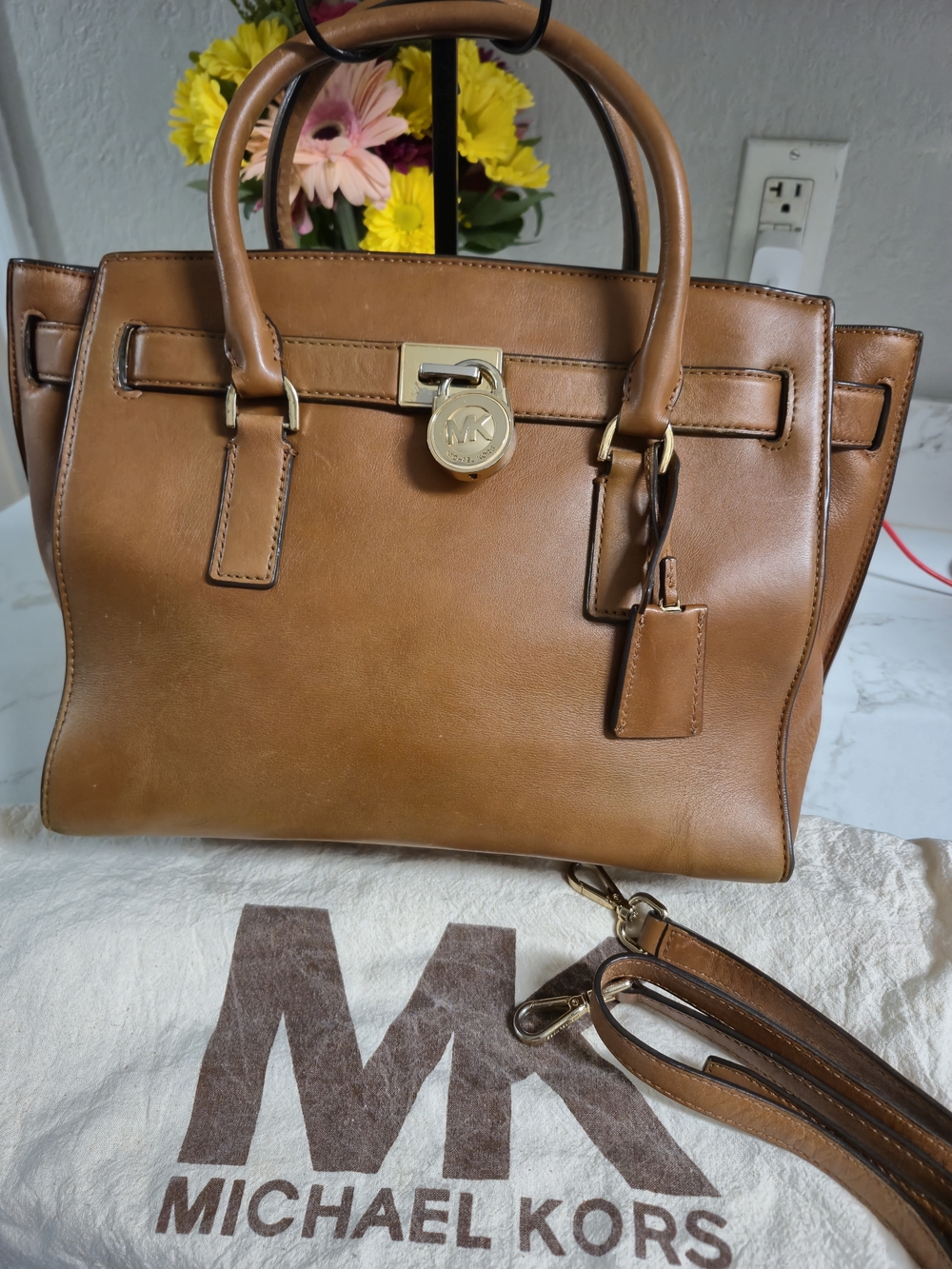 Michael Kors Tan Leather Satchel with Gold Lock